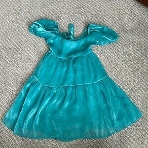 Teal Iridescent Babydoll Dress with Open Back and Puff Sleeves from Crystal Sky